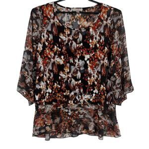 Roz & Ali Chiffon Peplum Womens Top Sz 1X Boho Sheer Bell Sleeve Fall Lagenlook